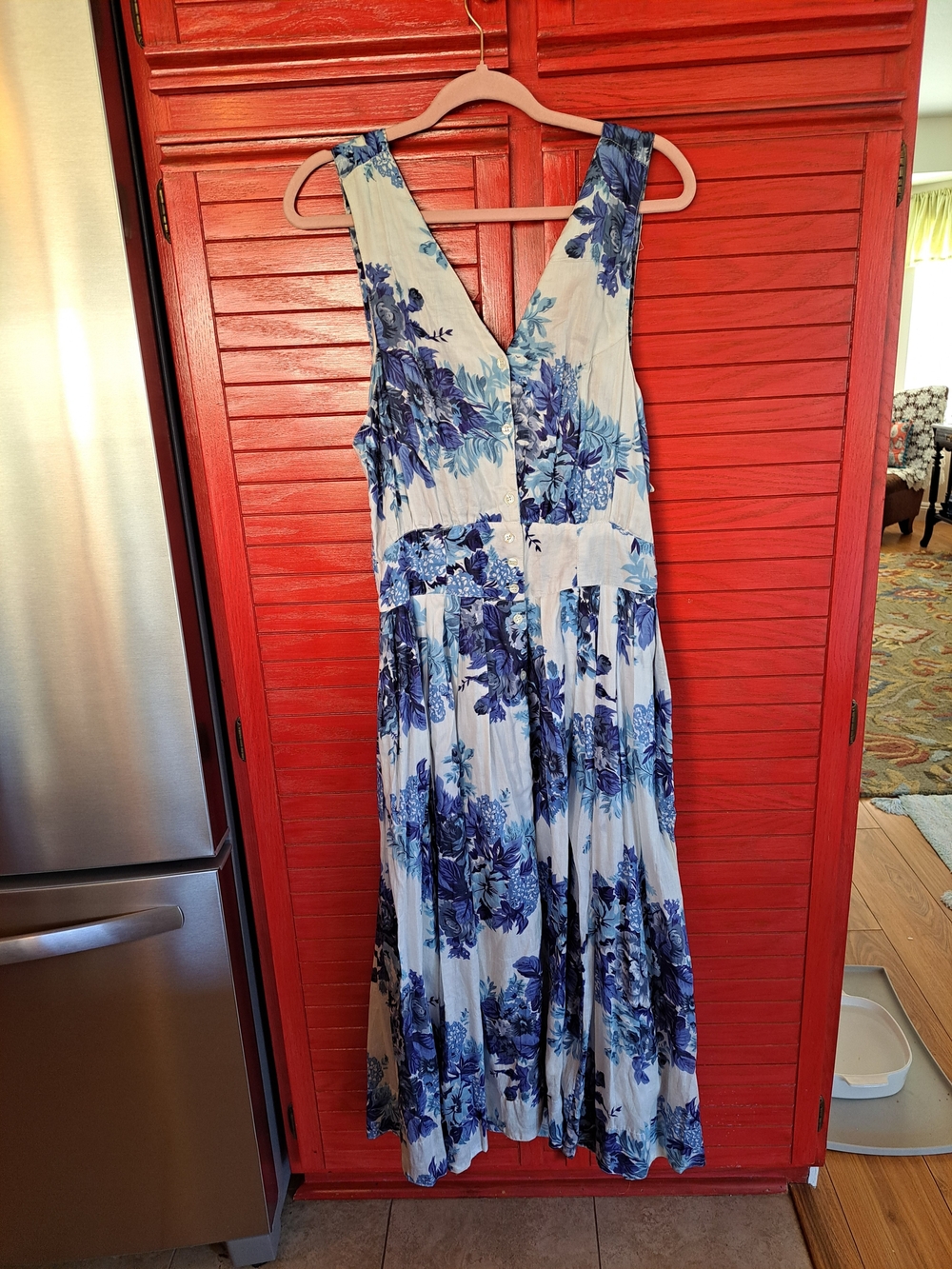 Premi Blue Floral V-Neck Maxi Dress Lined Elastic Back Adj. Straps LG